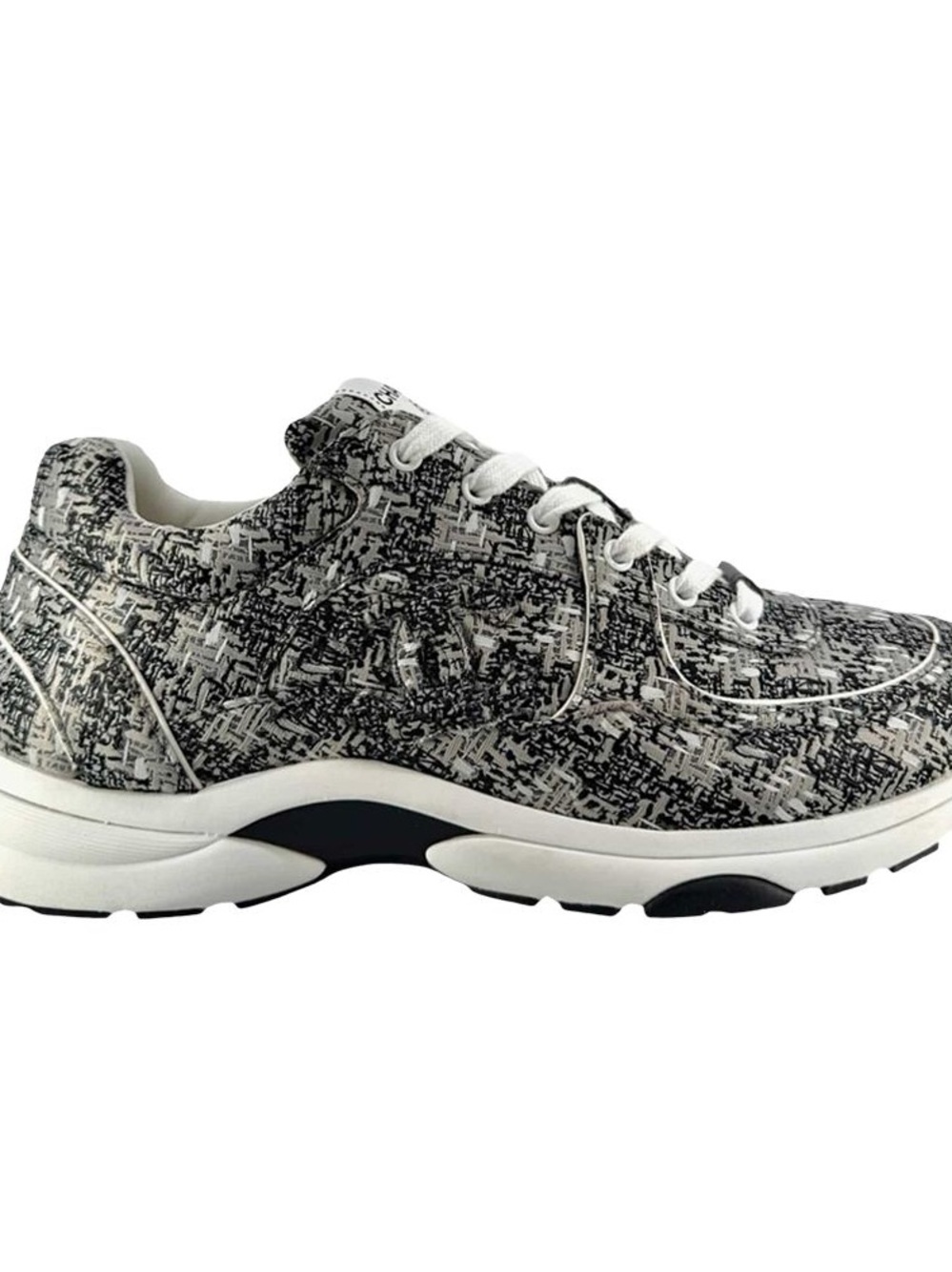 CHANEL Black and White Patterned Lace-Up Sneakers